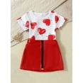 thumbnail image 2 of Biekopu Baby Girls Two Piece Outfits Heart Print Short Sleeve Tops and Zipper Skirt Set Toddler Summer Clothes, 2 of 9