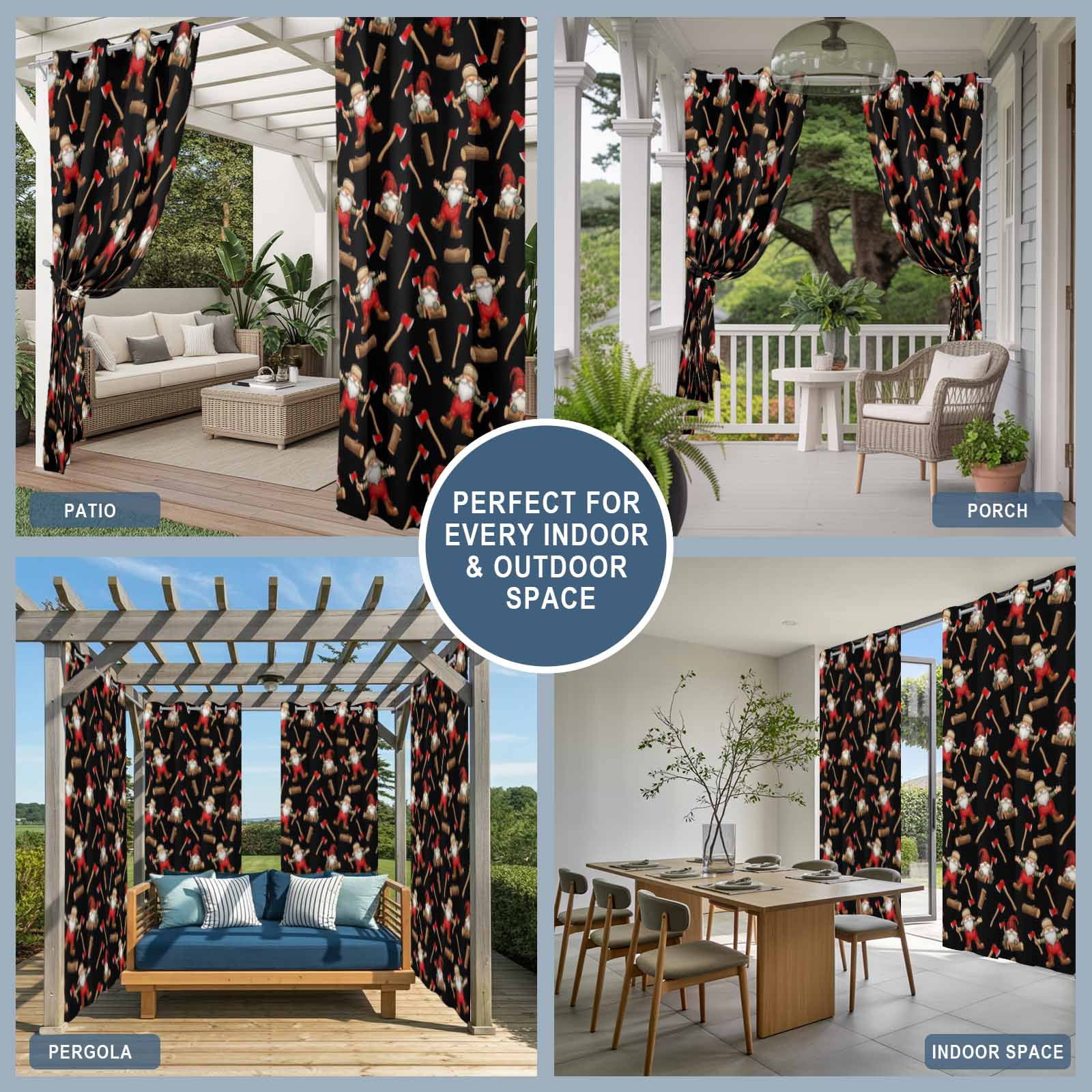 Garden Gnomes Outdoor Curtains for Patio, Playful Rustic Mushroom Garden Country Farm Sunshade Privacy Drapes Grommet Waterproof Outside Curtains for Porch/Cabana/Balcony 54"x 108", 1 Panel