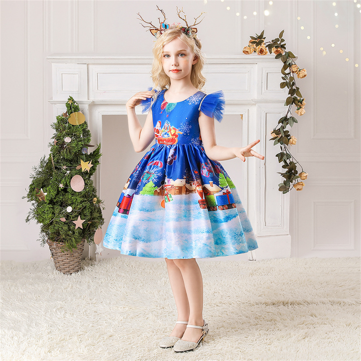 Robe De Noël Pour Fille Avec Manches à Volants Et Nœud - Robe Festive En Tulle Et Coton, Motifs Père Noël, Cannes à Sucre - Taille Enfant