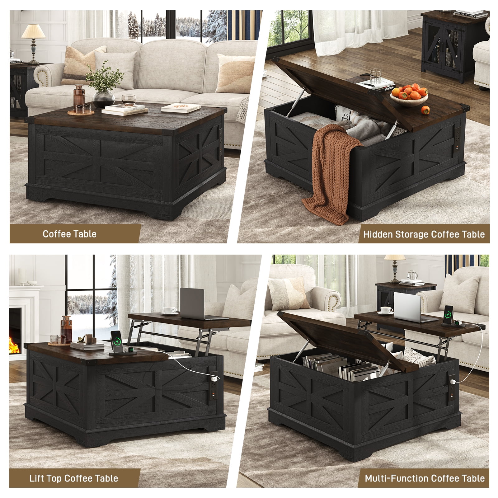 ANPOO 36" Movable Lift Top Coffee Table with Storage & Power Outlets, Farmhouse Square Coffee Table w/Wheels & Large Hidden Space, Wooden Center Table for Living Room(Black/36")