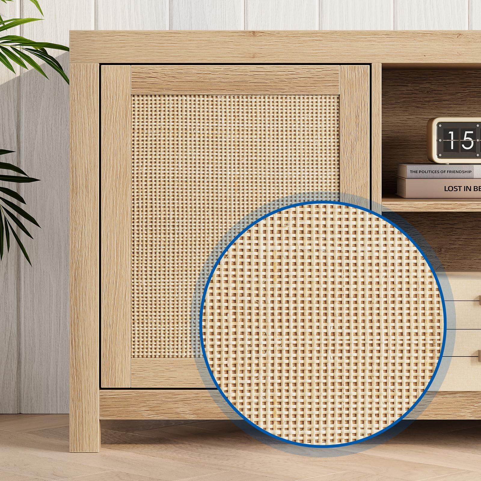 TROPOW Tv Stands for Living Room,Boho TV Stand for 65 Inch TV, Rattan Entertainment Center with Storage, Wood TV & Media Console Under TV Cabinet for Living Room Bedroom, Natural Oak - 57inch
