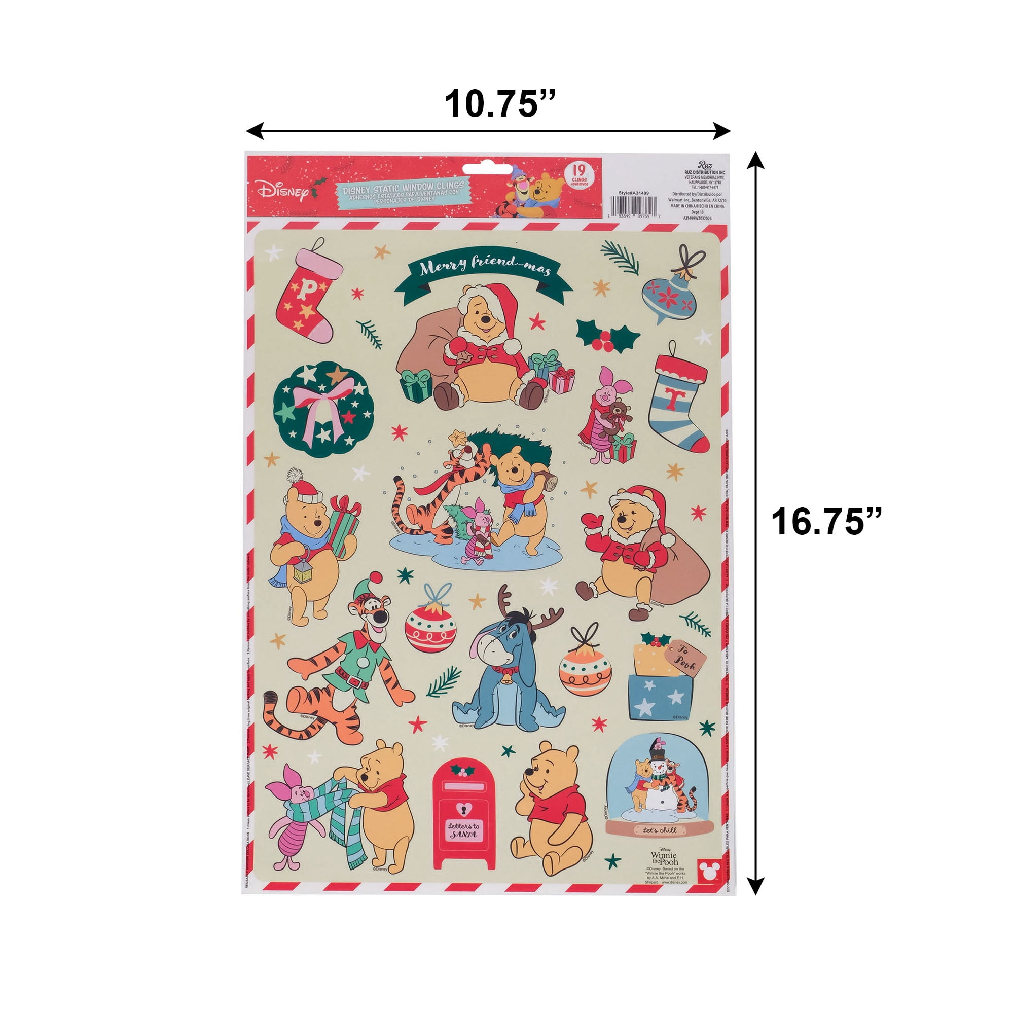 Disney Winnie the Pooh Christmas Window Clings, 19‑Piece Holiday Window Decorations – Pooh, Piglet, Tigger & Eeyore