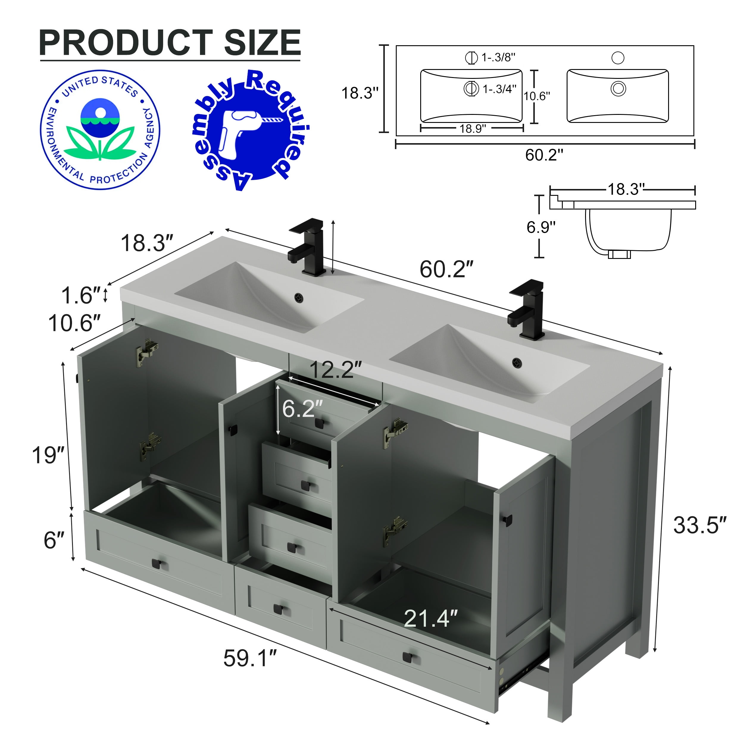Eclife 60" Freestanding Double Sink Bathroom Vanity with Integrated Sink Top and Faucet, Hand Painted Bathroom Vanity Cabinet, Spacious Storage