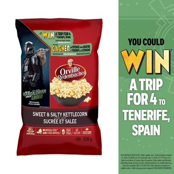 Orville Redenbacher Sweet & Salty Kettlecorn Popcorn, 100% Whole Grain Popcorn, Gluten Free, No Artificial Colours, Flavours, or Preservatives, Source of Fibre, 220g