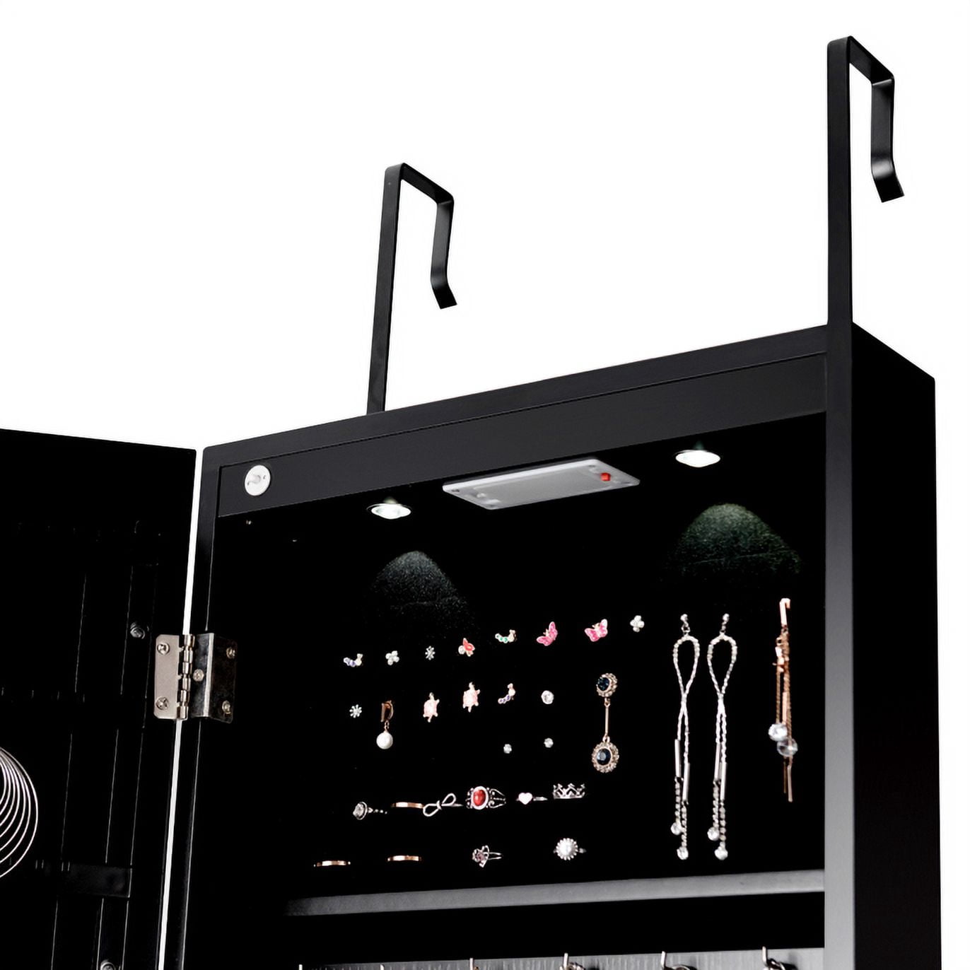 Patiojoy Lockable Wall Door Mounted Storage Organizer Mirrored Jewelry Cabinet w/ Lights Black