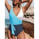 thumbnail image 4 of 1pcs Azul Mujer Escote en Pico Traje de baño Estilo envolvente Bloques Elegante Traje de baño de 1 pieza, 4 of 5