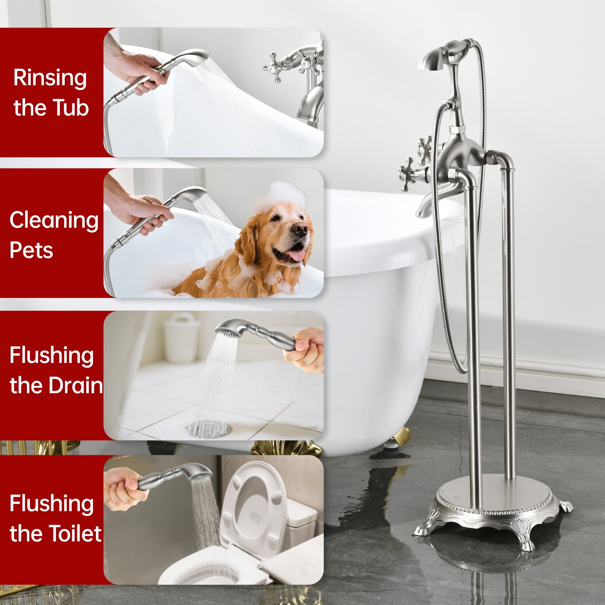 SUMERAIN Antique Floor Mount Bathtub Faucet, Brushed Nickel Waterfall Freestanding Bathroom Tub Filler with Hand Shower, High Flow