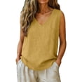 thumbnail image 4 of BOMYJESK Women's Tank Tops Linen V Neck Sleeveless Casual Shirt Loose Spring Summer Boho Gauze Tops Solid Color Cute Vest Yellow XL, 4 of 7