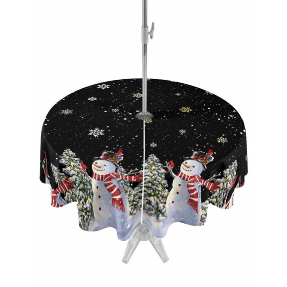 Outdoor Tablecloth with Umbrella Hole and Zipper, Black Christmas Snowman Round Table Cloth 60 Inch Waterproof Tablecloth, Winter Xmas Tree Snowflakes Picnic Table Cover for Patio Camping