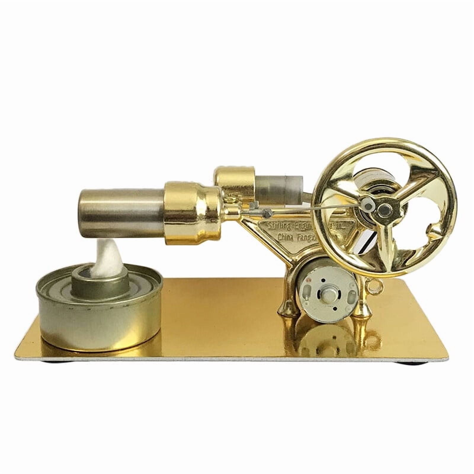 Single Cylinder Stirling Engine Model with Alcohol Lamp & LED Bulb - Golden Physics Science Experiment Kit for Adults