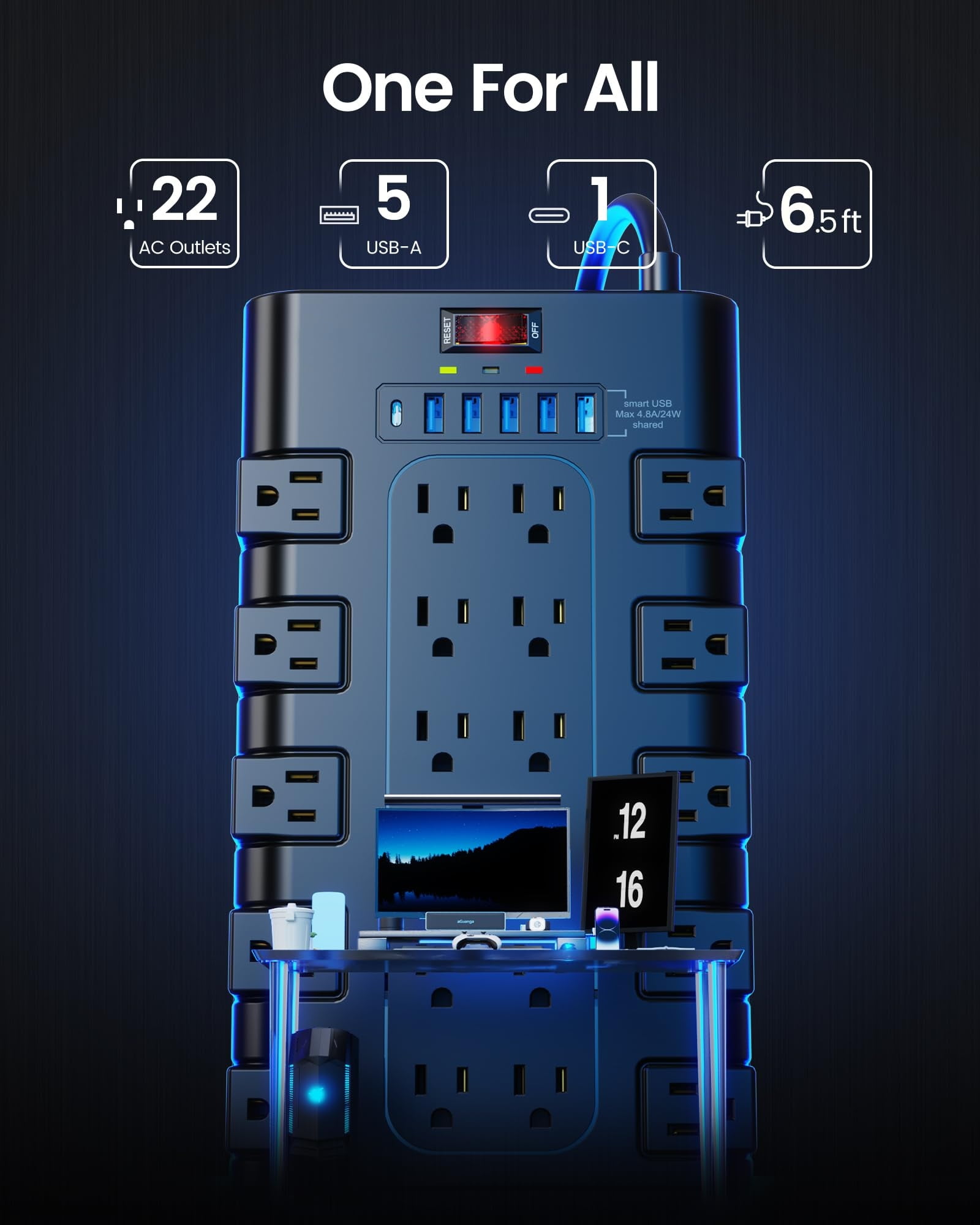Power Strip, Surge Protector with 22 AC Outlets and 6 USB Charging Ports, 1875W/15A, 2100 Joules, 6.5Ft Flat Plug Heavy Duty Extension Cord for Home, Office, Dorm, Gaming Room, Black