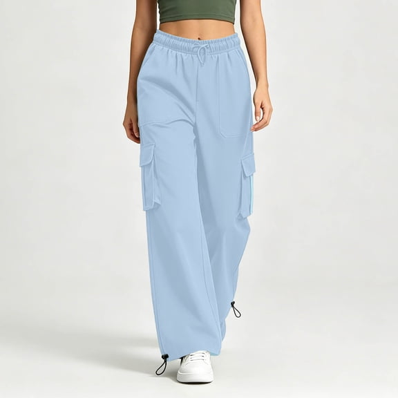 Women's Cargo Wide Leg Pants Multi Pockets Drawstring Waisted Adjustable Cuff Outdoor Casual Hiking Trousers Light Blue Womens Chino Pants XL