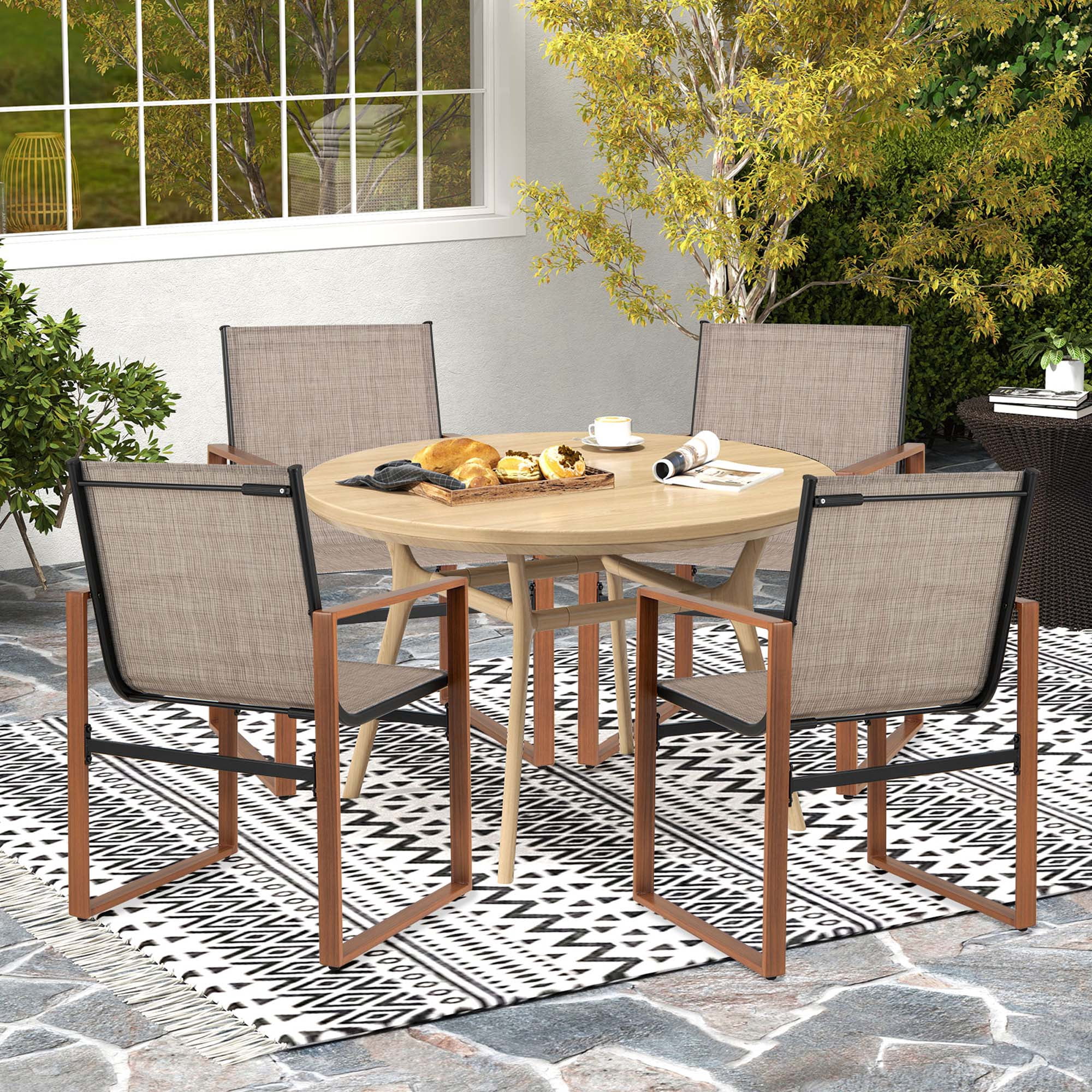 Gymax 2 PCS Outdoor Dining Chairs Patio Furniture Chair w/ Breathable Seat & Backrest Brown