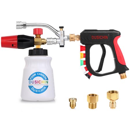 DUSICHIN Pressure Washer Short Gun Foam Cannon 1/4" Quick Connector,Car Wash Foam Gun Kit Dual Connector Accessory,Double Tip Attachment For Soap Cannon with 5 Nozzle Tips