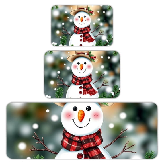 RKSupls Kitchen Rug Set 3 Piece Anti-Slip Flannel Floor Mats, Snowman Winter Scarf Washable Absorbent Runner Mats for Kitchen Bathroom Home Decor