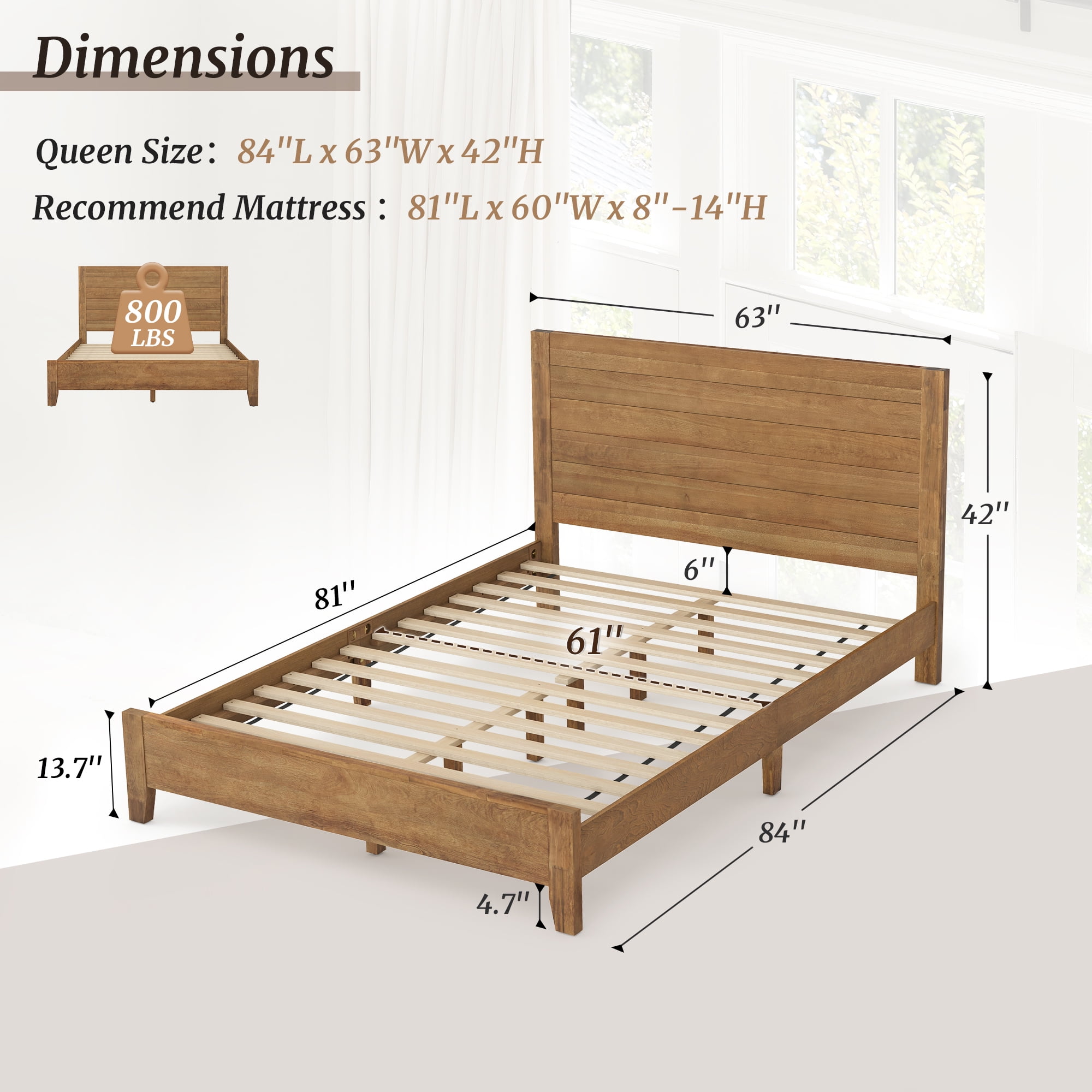DYCANPO Queen Bed Frame with Headboard, Acacia Wood Platform, Non-Slip&Without Noise, Dark Wood