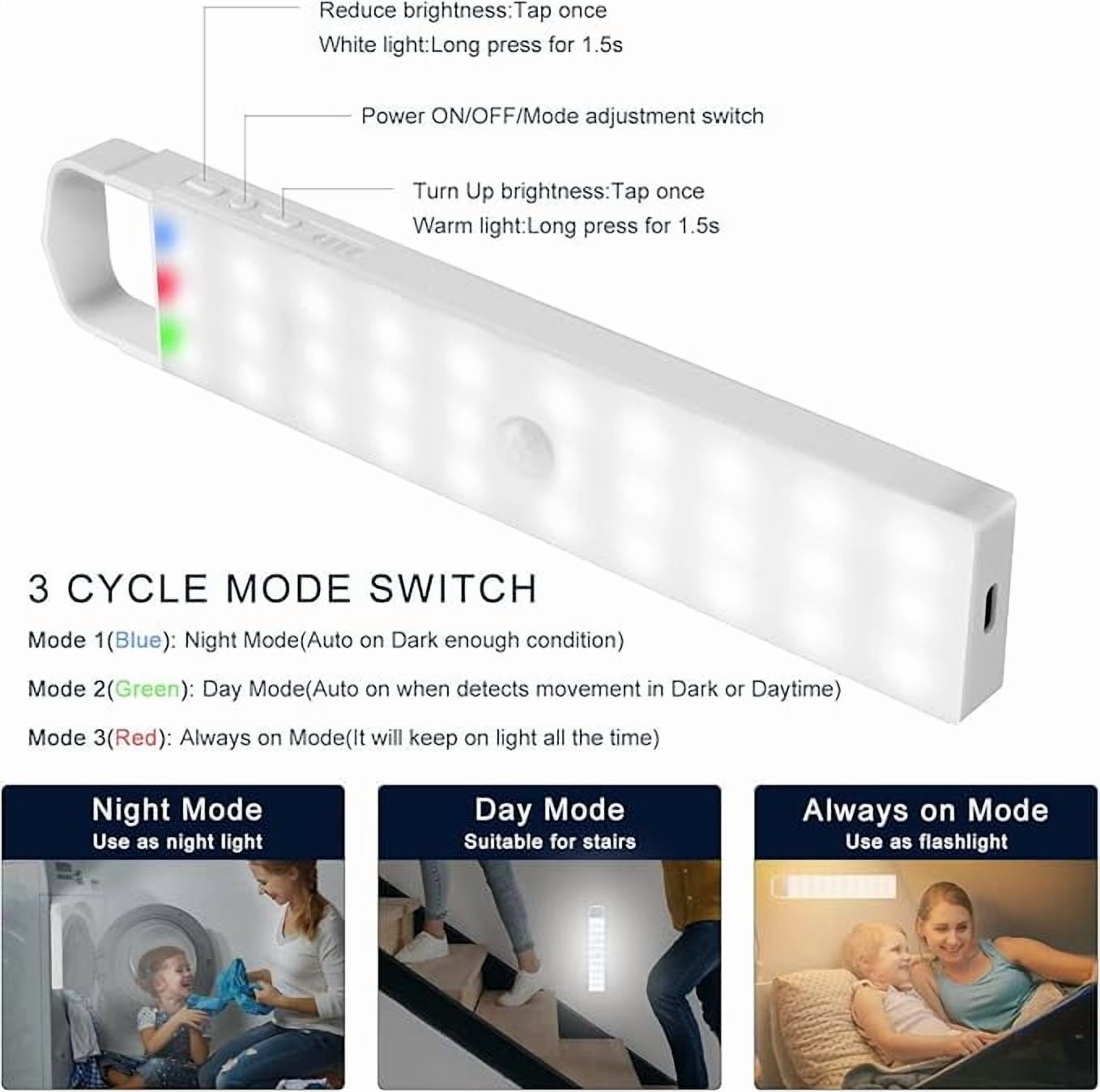 Yifeid Motion Sensor Closet Lights, Wireless 60 LED Under Cabinet Lights USB Rechargeable Kitchen Cupboard Lights with Magnetic Strip and Hook Auto on/off Night Light for Wardrobe Hallway Closet