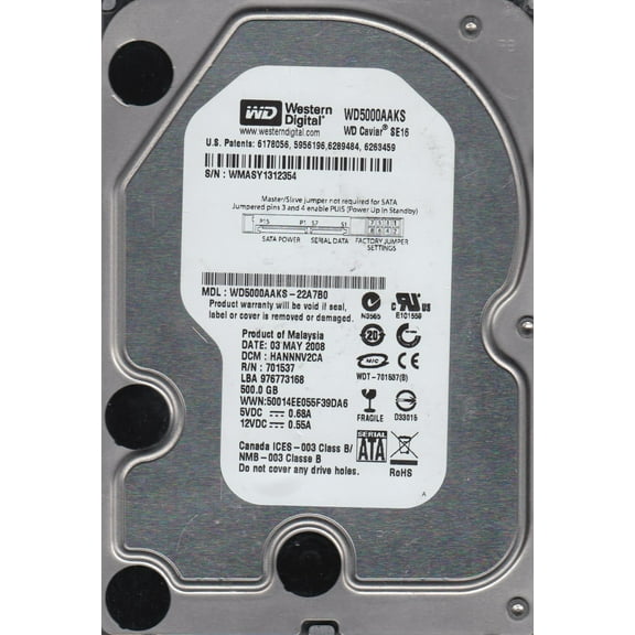 WD5000AAKS-22A7B0, DCM HANNNV2CA, Western Digital 500GB SATA 3.5 Hard Drive