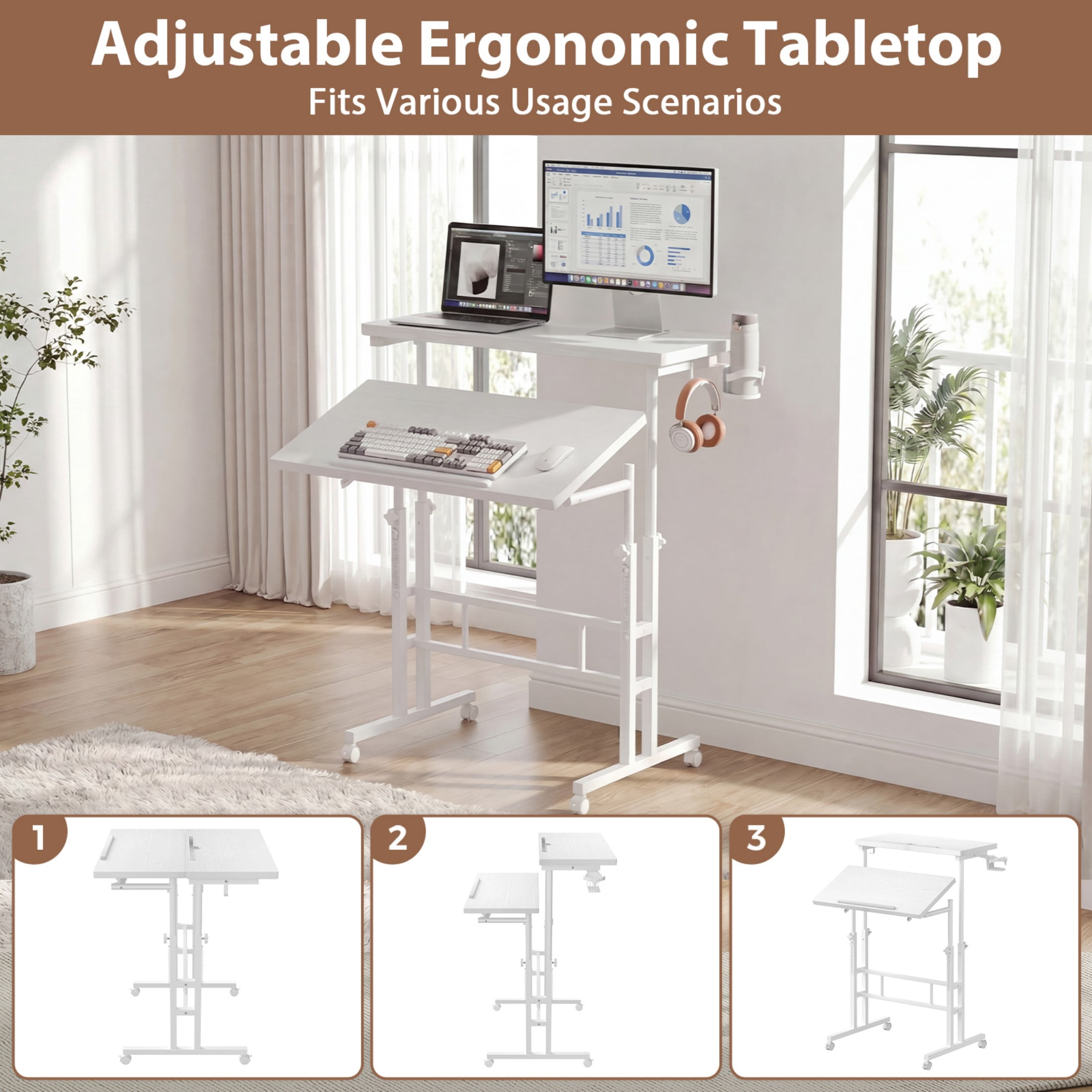 CONCETTA 23.6 inch Mobile Standing Desk, Adjustable Height Rolling Computer Desk for Home Office, Portable Treadmill Sit Stand Workstation, White