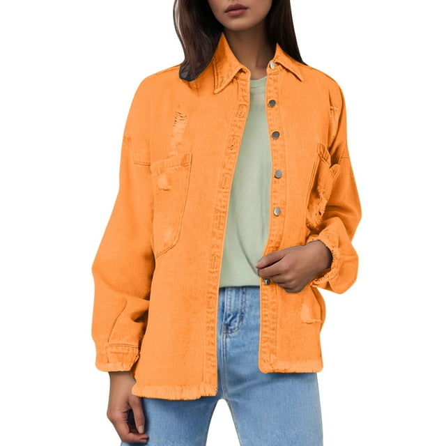 Baberdicy Distressed Denim Jackets for Women - Fall/Winter Vintage Loose Fit (Oversized, Ragged Hole Design) Orange L