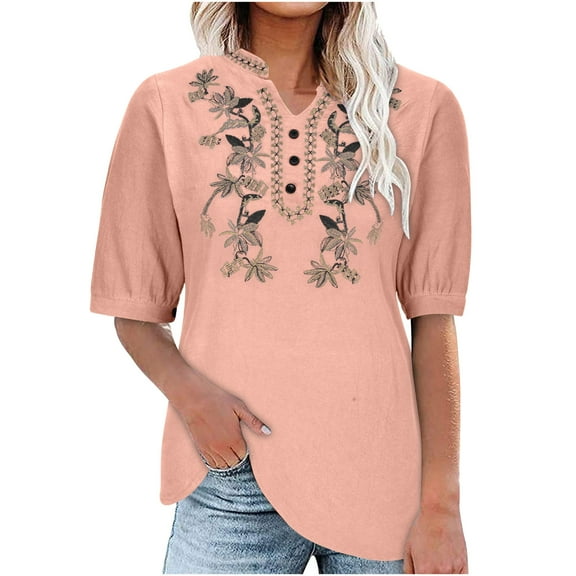 GERsome Womens Short Sleeve Cotton Linen Shirt Blouse Loose Fit Casual V-Neck Basic Tunic Tee Shirts Tops Blouse