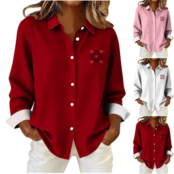 purcolt Women's Valentine's Day Button Up Shirts Long Sleeve V Neck Collared Shirts Dressy Casual Business Work Tops Blouse
