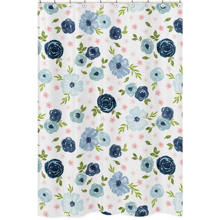 Blue and Pink Floral Bathroom Shower Curtain - Blush, Navy, Green and White Shabby Chic Watercolor Rose Flower Fabric Bath by Sweet Jojo Designs