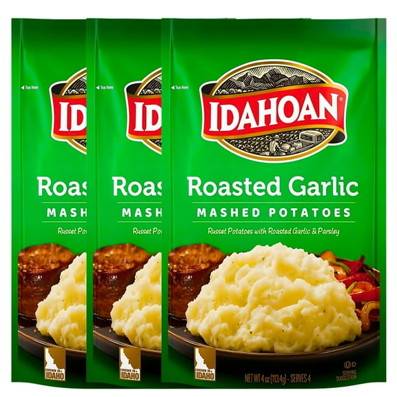 (3) Idahoan Roasted Garlic Mashed Potatoes, 4 oz Pouches – Instant Mashed Potatoes with Real Roasted Garlic & Parsley – Made with 100% Real Idaho Potatoes – Serves 4 per Pack