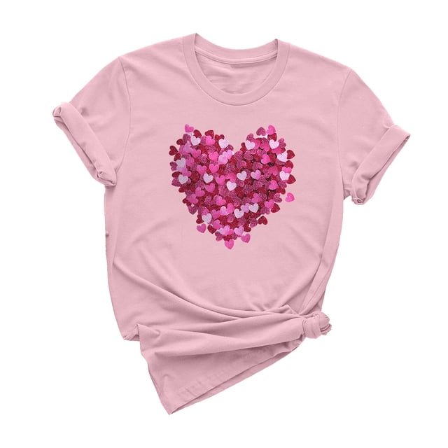 Dealovy T-Shirts pour Femmes Manches Courtes Col Rond Mignon Cœur Imprimé Couleur Unie Décontracté Été T-Shirts Unis