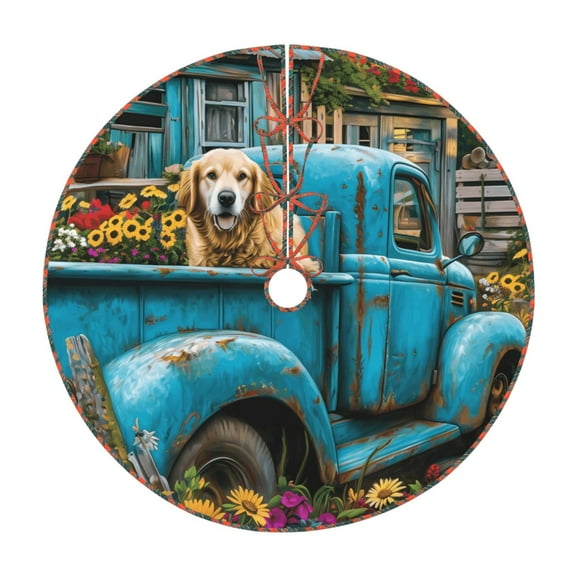 Defioc Vintage Pickup Sunflower Dog for Christmas Tree Skirt Snowman Xmas Tree Skirt Farmhouse Christmas Decorations Tree Mat for Holiday Party Decor-30"