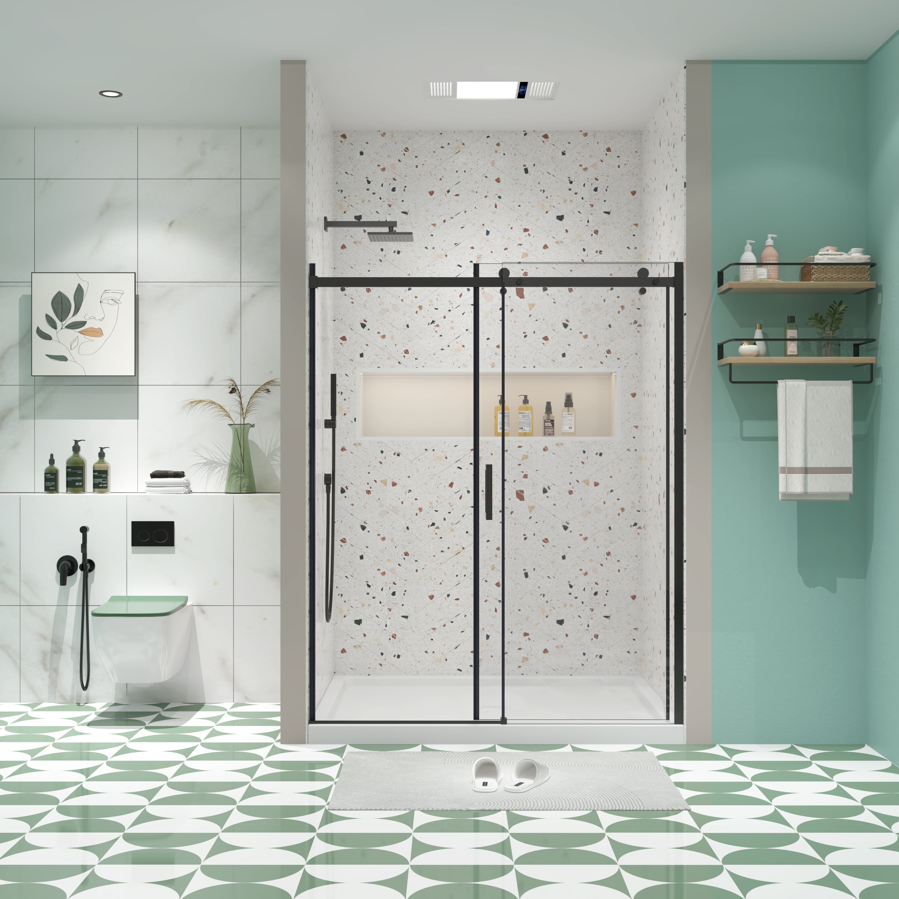 MAYEERTY 46-48"W x 74"H Double Sliding Shower Bypass Door, Tempered Glass & Stainless Steel Handle, Matte Black