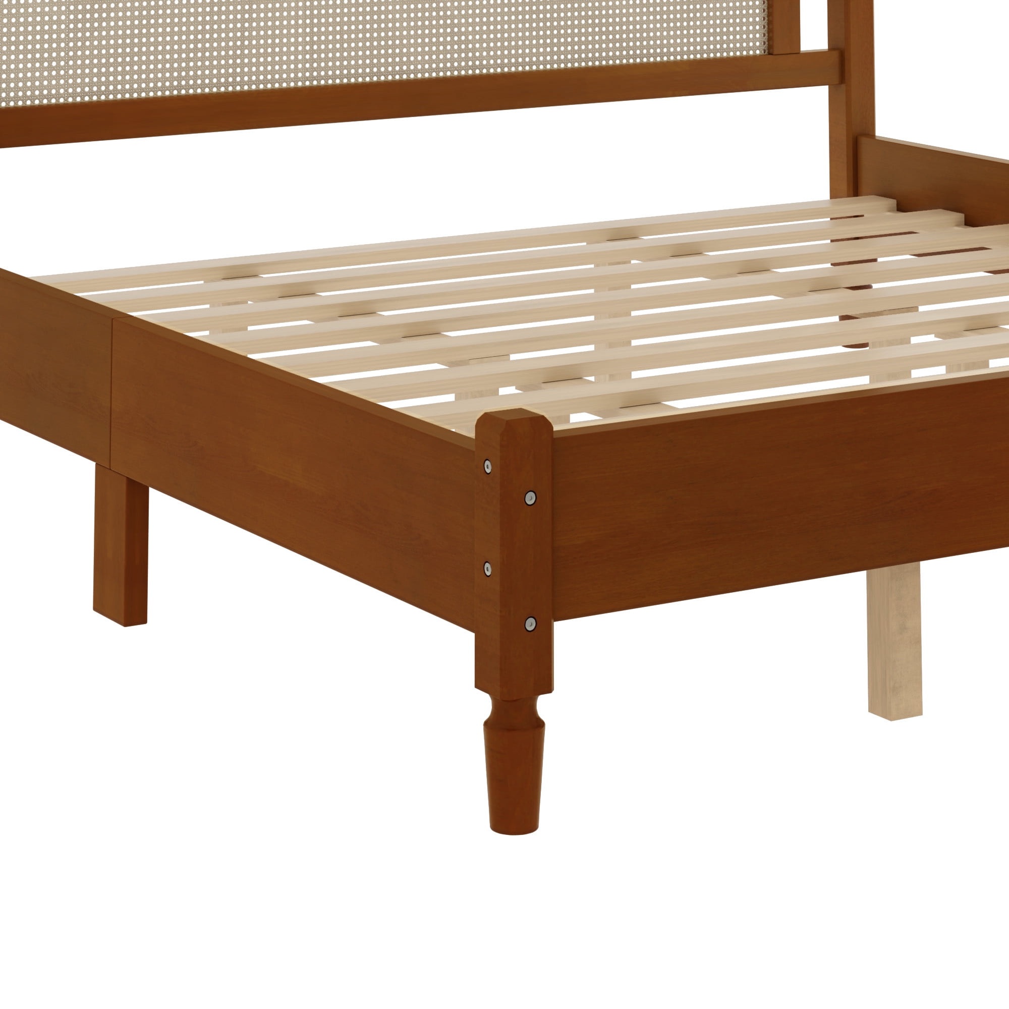 Euroco Wood King Size Platform Bed with Rattan Headboard, Vintage Bed Frame, Walnut