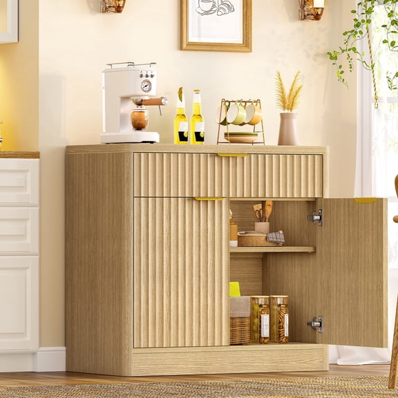 Fluted Buffet Sideboard Cabinet with Storage, Buffet Table Coffee Bar Wine Bar Storage Cabinet with Adjustable Shelf for Living Room, Kitchen, Natural