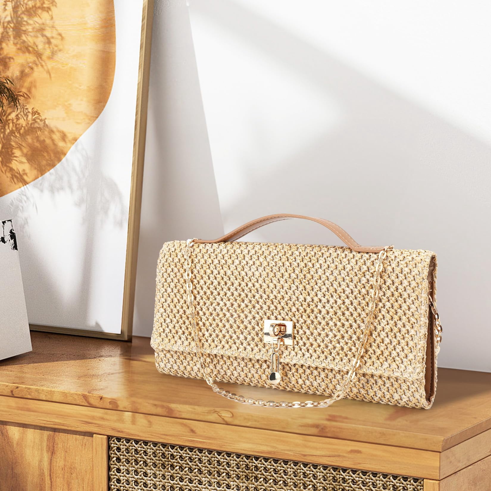 Garvee Women's Straw Woven Crossbody Bag Purse, with Metal Chain Strap, Natural