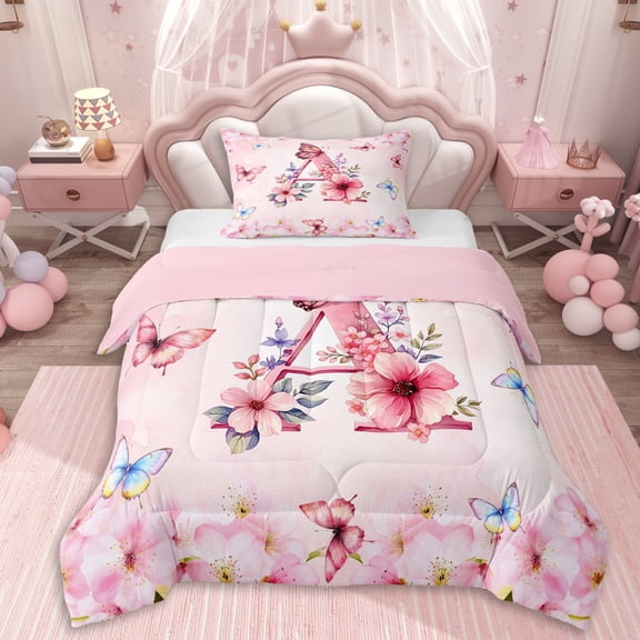 Erosebridal Floral Personalized Initial A Twin Comforter Sets 3-Piece For Girls,Pink Flowers Butterflies Bedding Set,Pink Reversible,Lightweight Room Decor