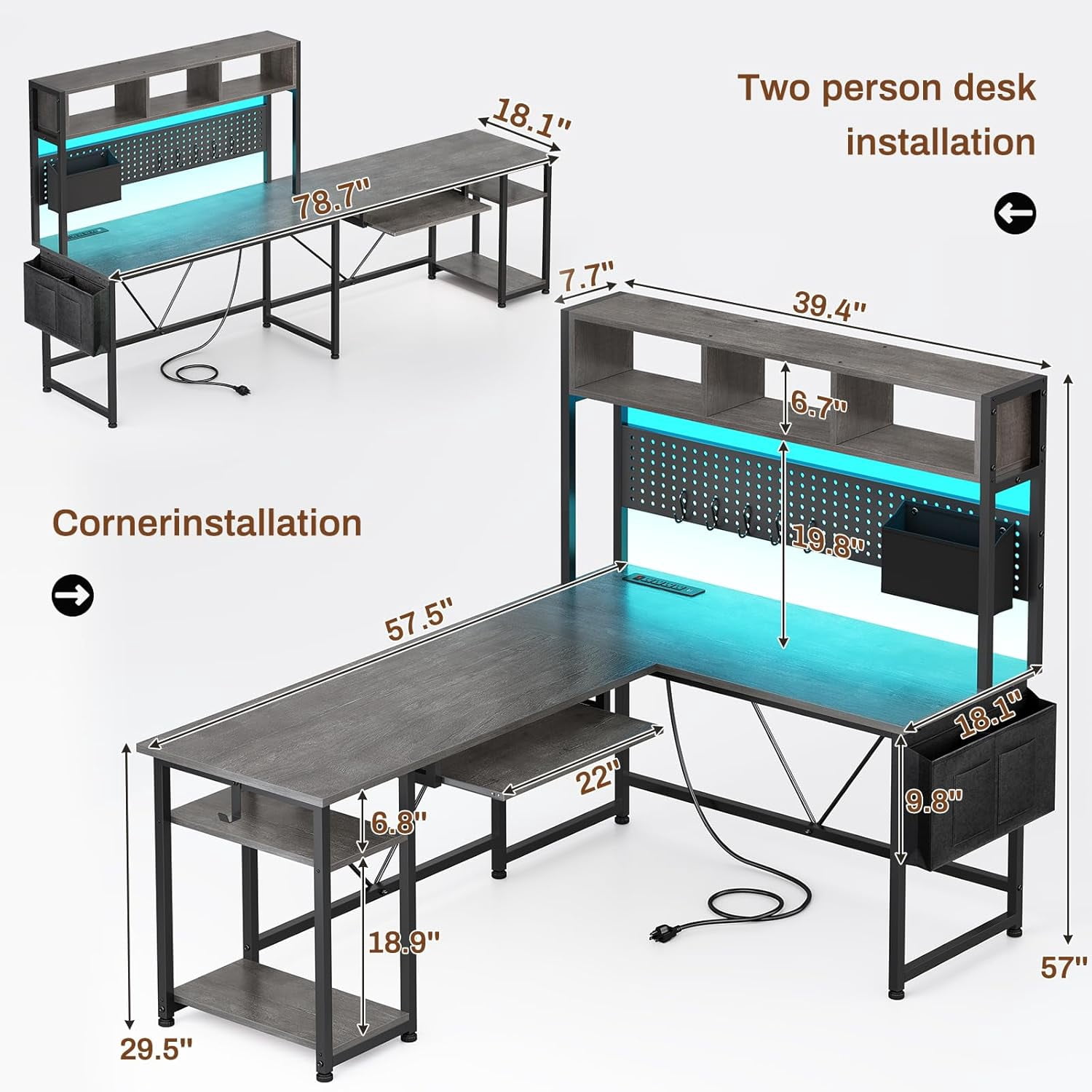 SEDETA L Shaped Gaming Desk with Hutch, 57.5” Reversible Home Office Desk with Power Outlet and Pegboard, Gaming Computer Desk with Keyboard Tray and LED Lights and Storage, Grey