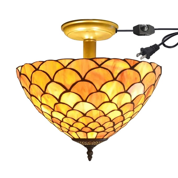 Kiven 13.8in Flush Mount Ceiling Light Fixture Dimmable, 3-Light Anti Glare Close to Ceiling Light with 15FT Plug-in Cord, Tiffany-Style Glass Chandelier for Bedroom Kitchen Hallway(No.3206)