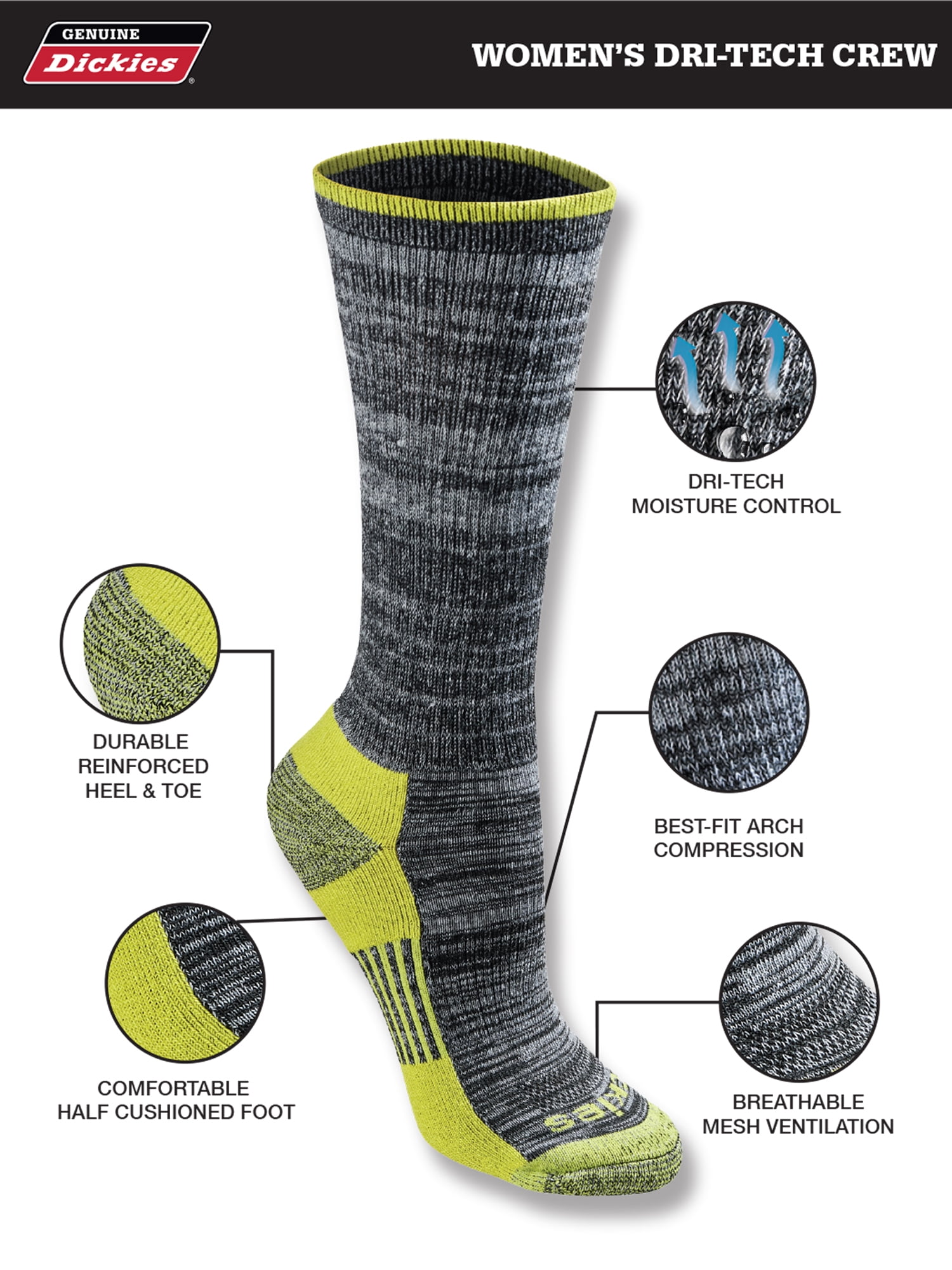 Genuine Dickies Women's Dri-Tech Free Run Crew Socks, 5-Pack