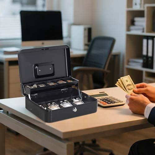 Large Cash Box with Money Tray and Lock - Safe Box for Cash Saving Key Lock Money Organizer Box, 11.8L x 9.5W x 3.5H Inches, Black, SM-CB0501L, XLarge