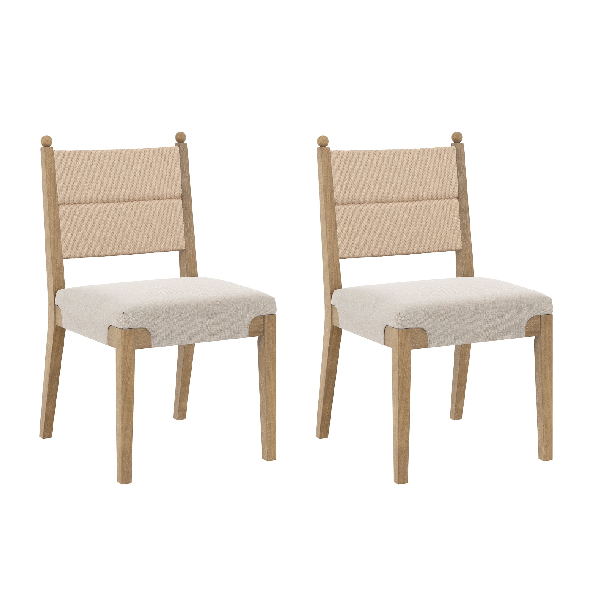 Nathan James Cove Boho Solid Wood Dining Chair with Woven Seagrass Back and Upholstered Seat, Flax/Light Brown Set of 2