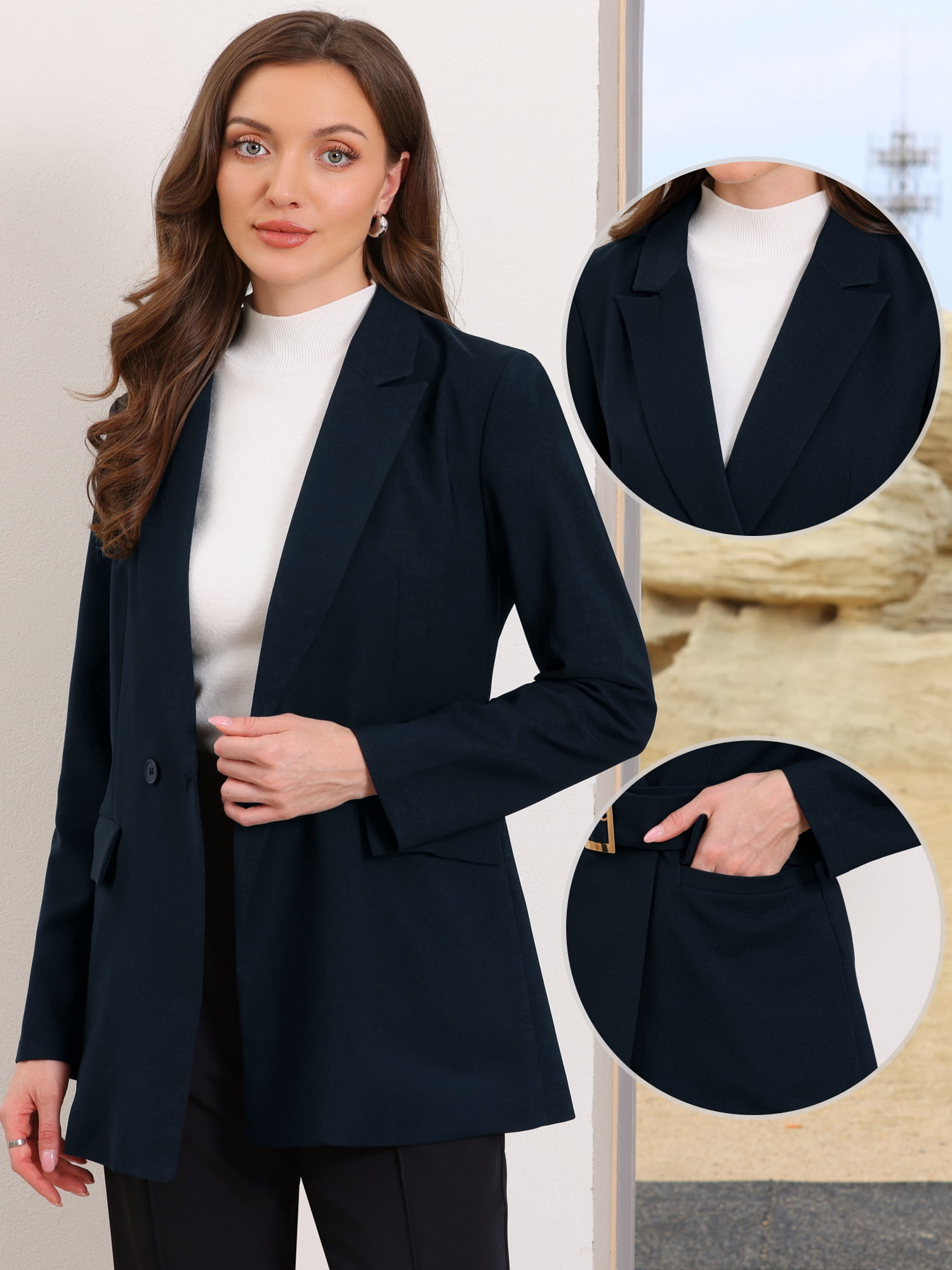 DARING DIVA Women's Long Sleeve Belted Long Blazer Suit Jacket M Navy Blue