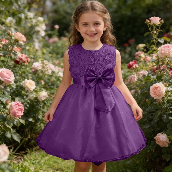 hengsof Girls' Solid Color Party Dress Sleeveless Round Neck Bow Rose Suspender Mesh Tulle Skirt Sweet Princess Dress for Summer