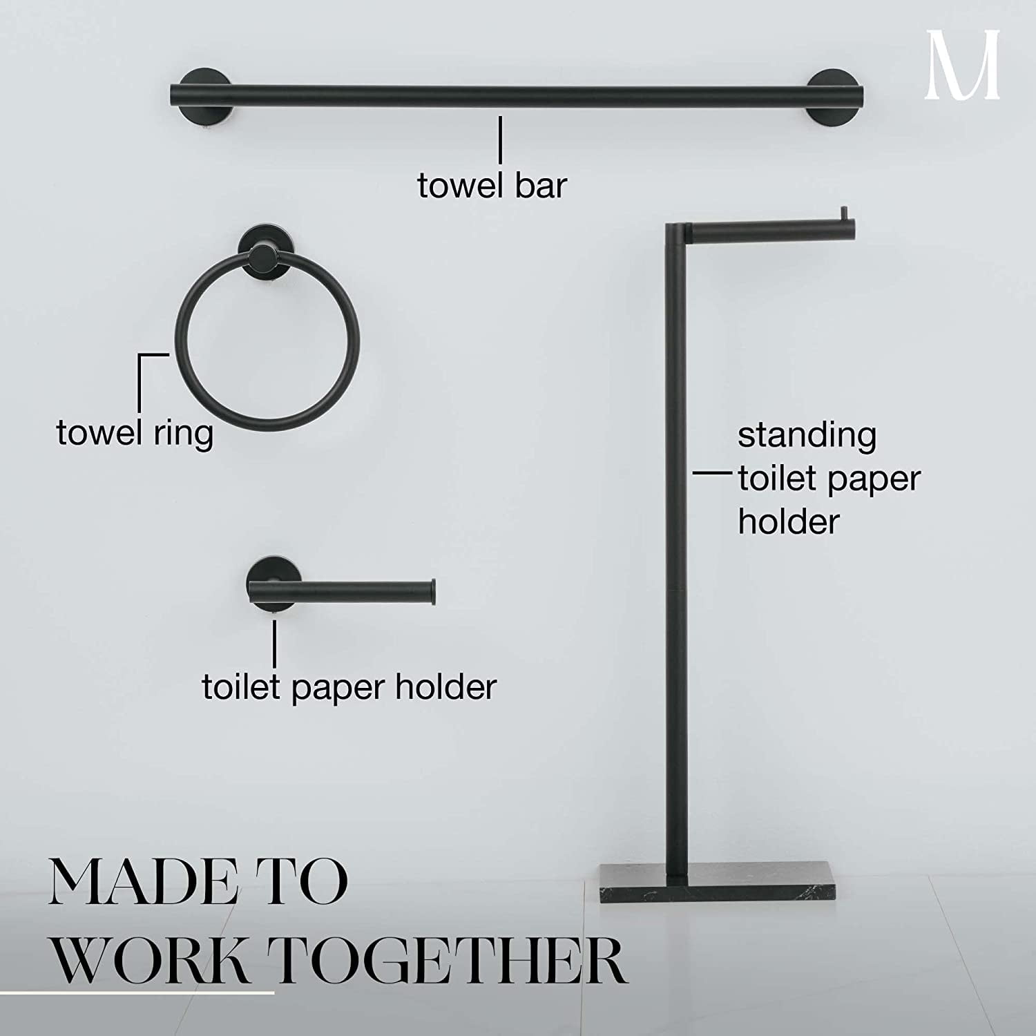 Marmolux Acc Matte Black Free Standing Toilet Paper Holder with Weighted Black Marble Base Storage