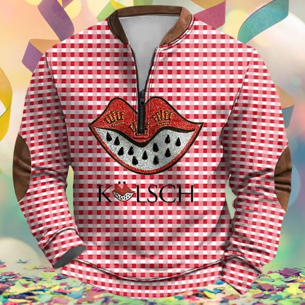 Ceisia Men's All-Season Casual Regular Fit Half-Zip Sweatshirt Red White Gingham Lip Badge Print KOLSCH Lettering Japanese Fleece Fabric Multicolor XXXL Gifts