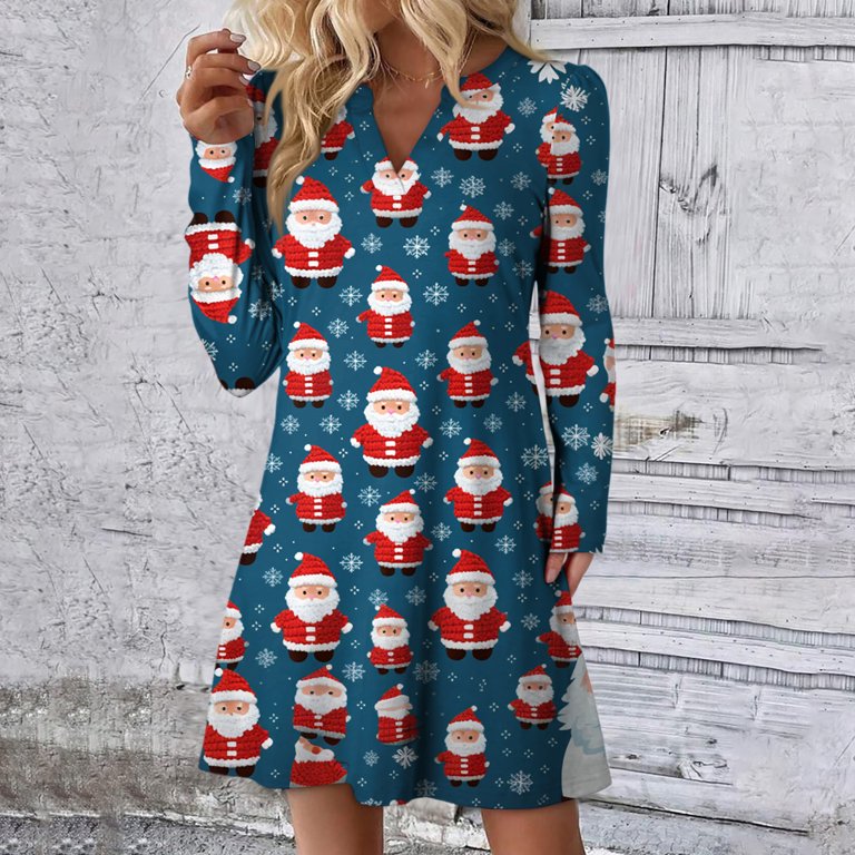Women's Christmas Printed Dress Loose Fit V-Neck Casual Long Sleeze Holiday  Party Dress, Flowy A-Line Vintage Style with Festive Pattern,Navy,Size S -  Walmart.com