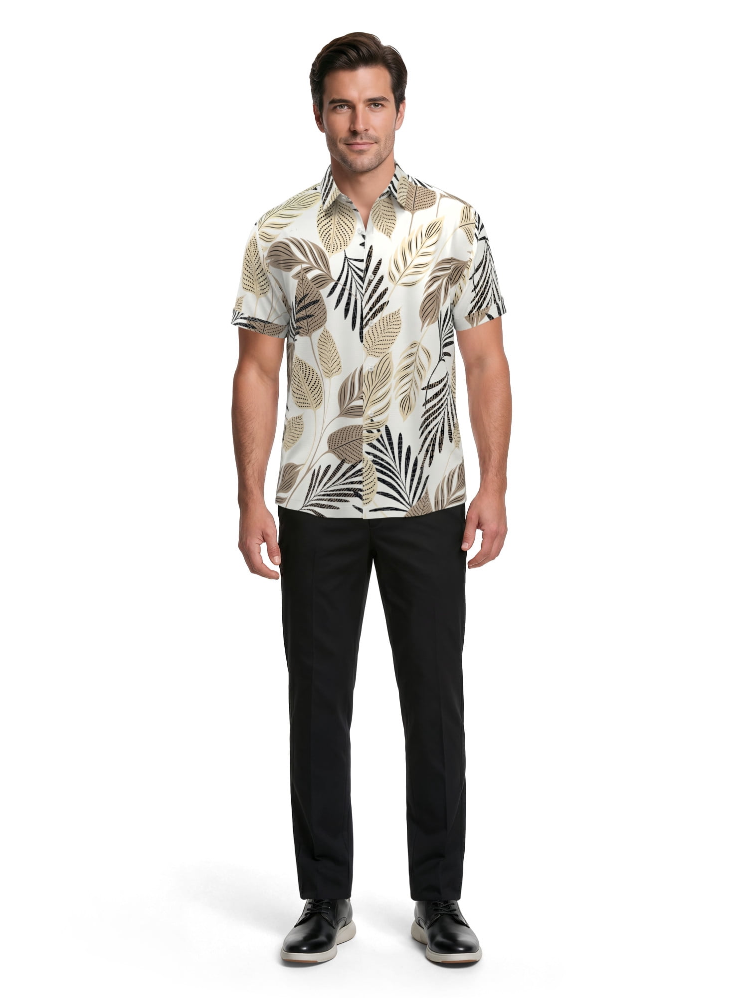 Havanera Men's and Big Men's Textured Leaf Print Linen-Cotton Short Sleeve Woven Shirt, Sizes S-5XL
