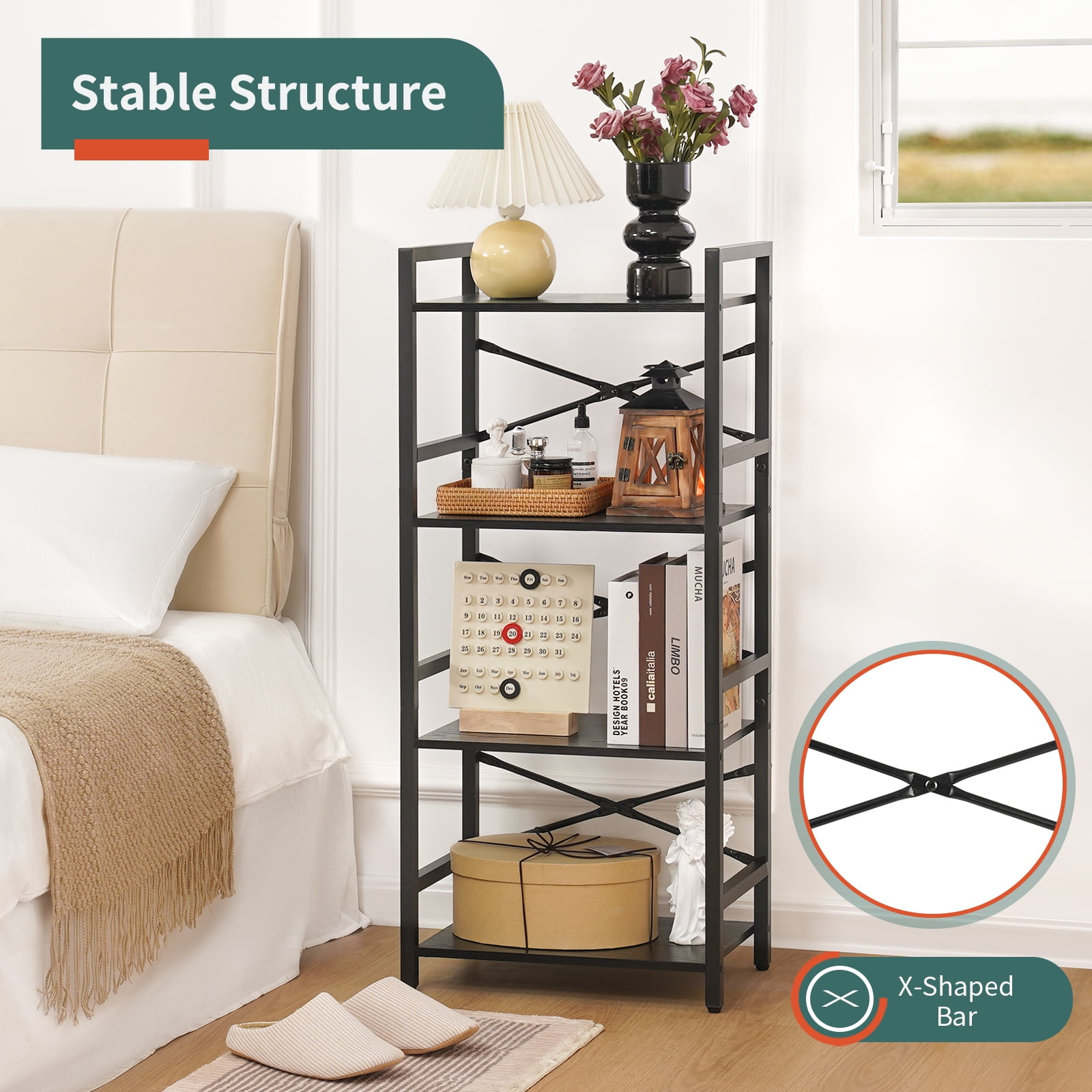 4 Tier Bookcase, Small Bookshelf Storage for Bedroom, Living Room, Office Home, Black