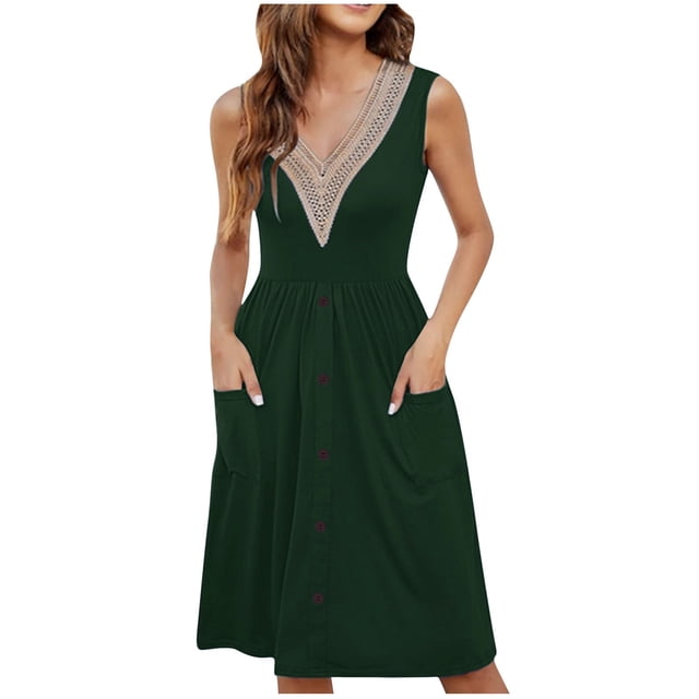 Birdeem Robes pour Femmes Robe d'Été Sans Manches Décontractée Imprimée Ample Boutonnée Mi-Longue avec Poches