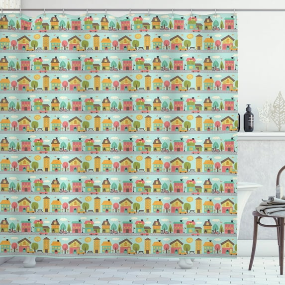 City Shower Curtain, Street of a Small Town Happy Neighbourhood Houses Trees and a Car Under a Smiling Sun, Fabric Bathroom Set with Hooks, 69W X 84L Inches Extra Long, Multicolor, by Ambesonne