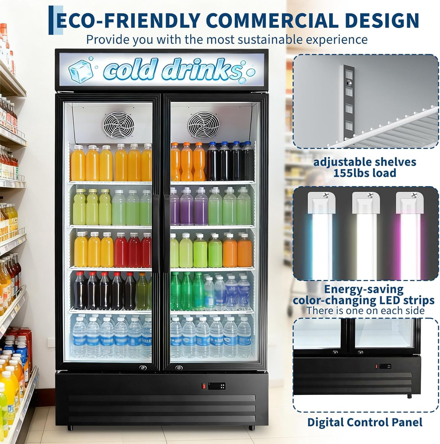 IdealHouse Commercial Beverage Refrigerator, 580 Can Black Commercial Display Fridge with 2 Glass Door, Drink Cooler with 4 Adjustable Shelves and Casters for Stores, Restaurant, Office